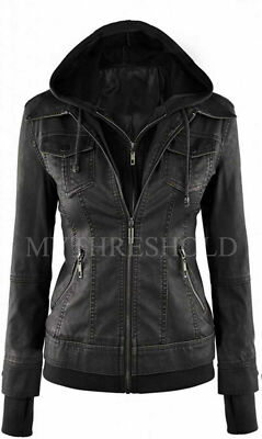 Women's Genuine Lambskin Black Leather Motorcycle Slim fit Hooded Biker Jacket