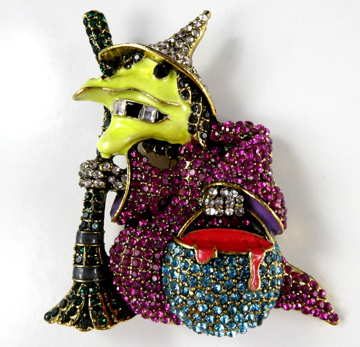 Bling WITCH Pin Brooch Rhinestone Crystal Witches Brew Pink Blue 3" Witch View 3