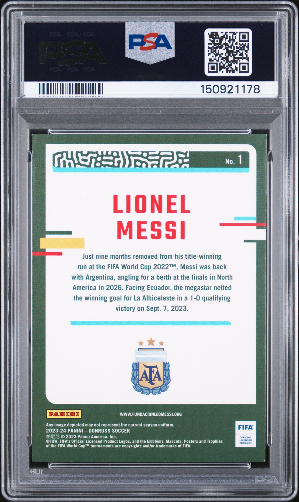 2023-24 PANINI DONRUSS FIFA #1 LIONEL MESSI PSA 6 view 2