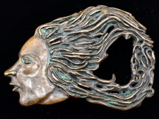 Handmade Hippie Woman Face Spirit Solid Brass Vintage Belt Buckle Signed "Sharp"