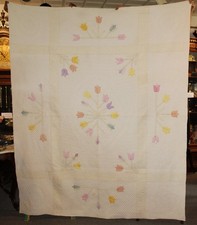 Antique Appliqued Quilt   White Background with Soft Pastel Colored Tulips