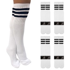 4 Pairs Knee High White Tube Socks Long Athletic Black Stripe Cotton Sport 1015