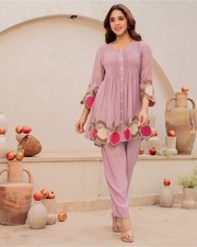 Women Cotton Kurti Pant Set Black Floral Embroidered Tunic Co Ord Set