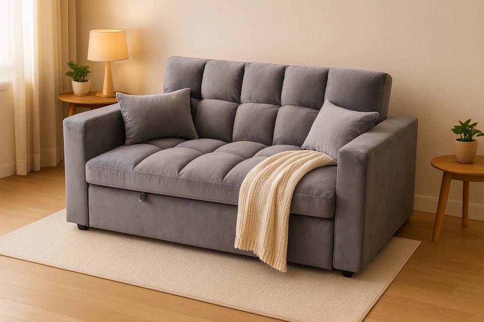 Grey Velvet 2 Seater Sofa Bed 3-in-1 Convertible Sleeper Couch - Image 3 of 4