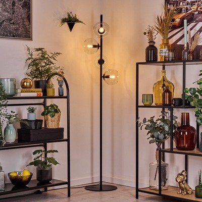 Retro Vintage Stehleuchte & Stehlampe in Schwarz/Klar, Metall/Glas, Fußschalter