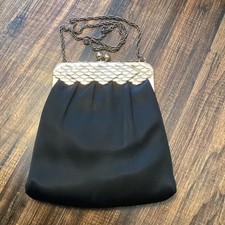 Vintage HL USA Black Satin Evening Bag Kiss-Lock Chain Shoulder Bag