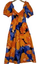 Tabitha Brown Dress 2  Midi Blue Orange Tropical Abstract Floral Pocket