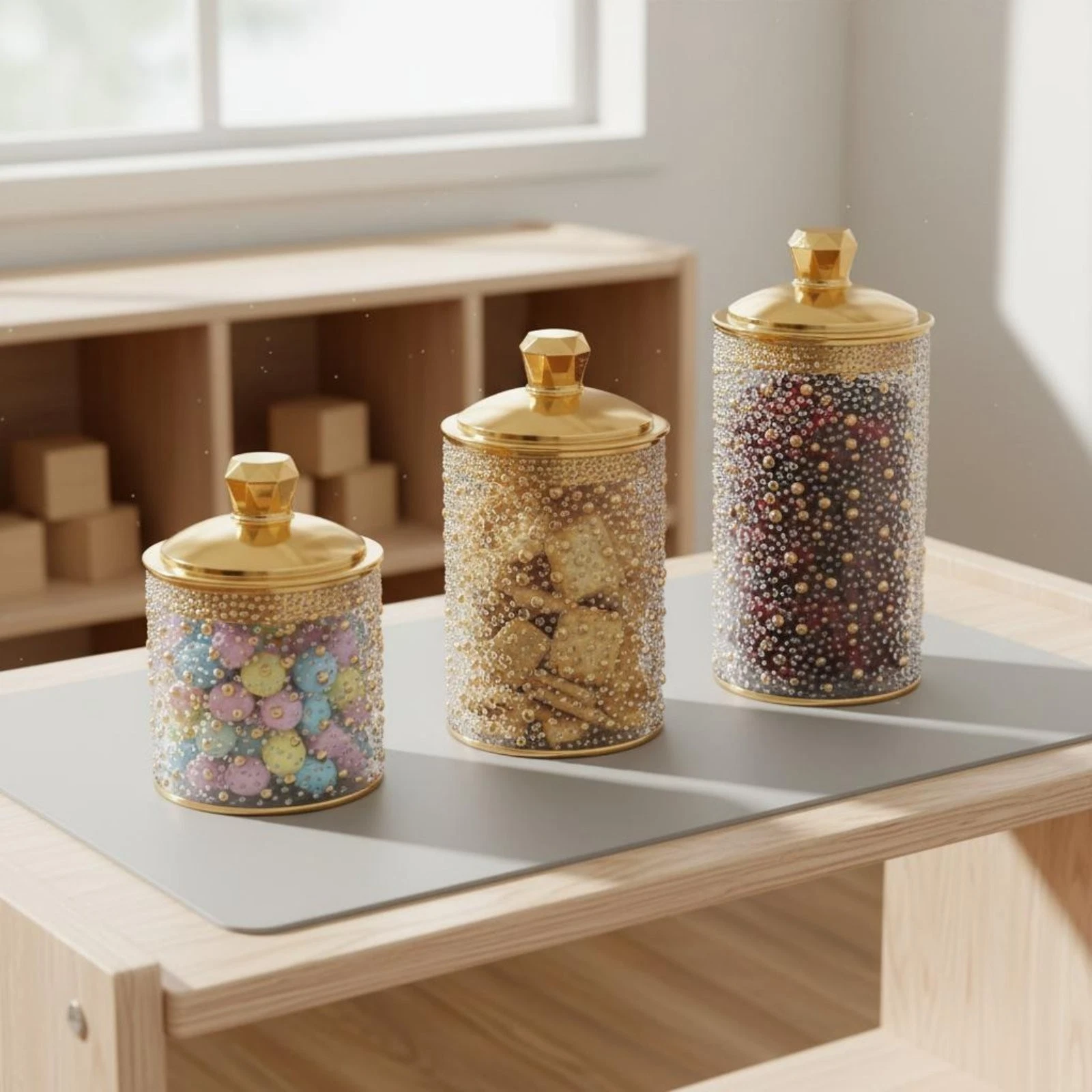 Gold Lid Candy Jar Easy to Clean Pearl Pattern Storage Container Wide Mouth