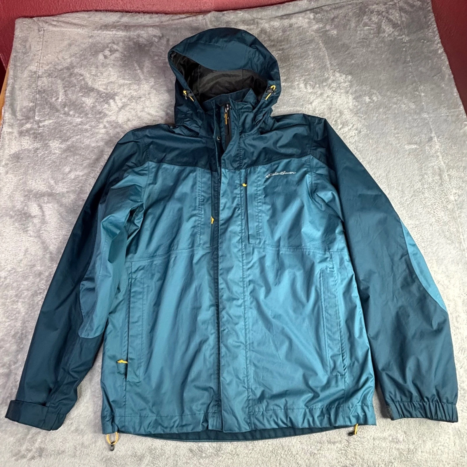 Eddie Bauer WeatherEdge Rain Jacket Men Small Teal Blue Colorblock Hooded Hiking