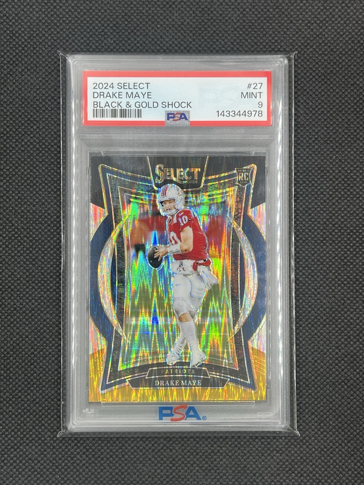 2024 Panini Select Concourse Drake Maye #27 Black & Gold Shock Prizm (RC) PSA 9