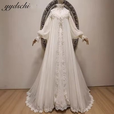 Chiffon Muslim Wredding Dresses Lace Long Sleeves High Neck Appliques