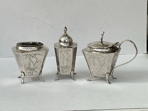Excellent 1940/50’s Chinese Silver Cruet Set with Bamboo Decoration, Hong Kong