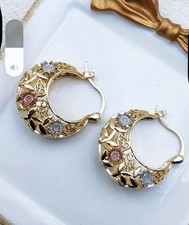 Gold Tone Floral Hoop Earrings Hinged Closure 2.4cm x 2.1cm Metal
