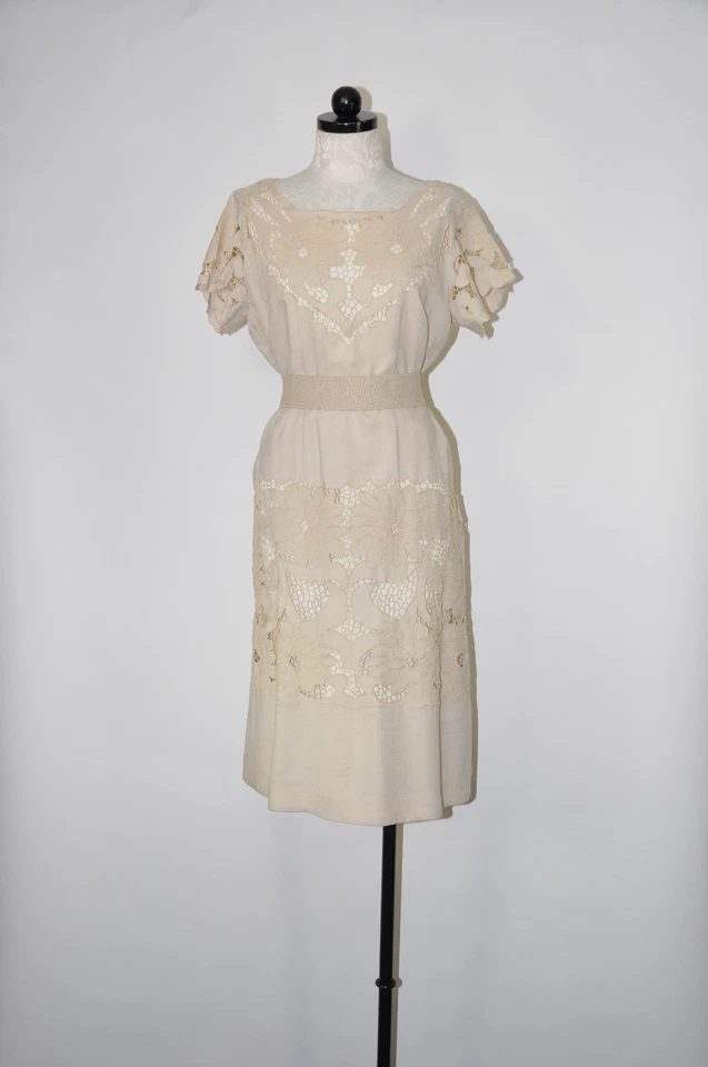 Vestido recto vintage años 60 beige lino calado bordado manga corta mujer L XL Foto 3 de 4