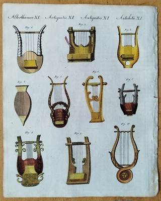 Music Antique Instruments 2 Prints - Bertuch Original Print Coloured - 1792