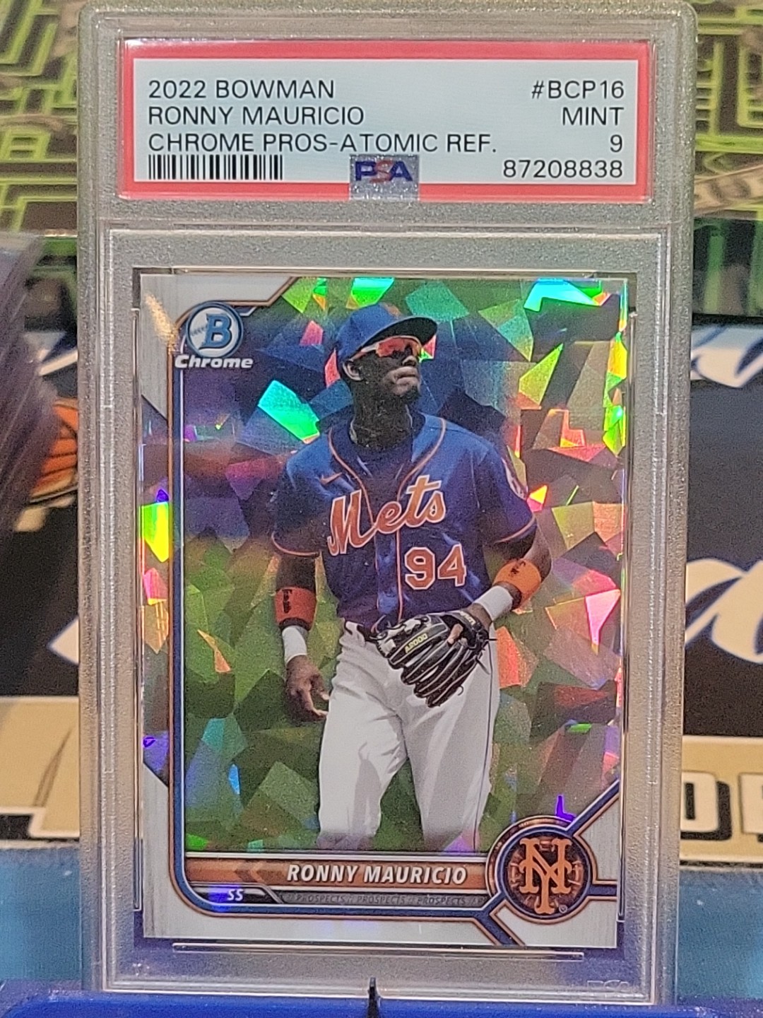 POP 2 🔥 2022 Bowman Prospect Atomic Chrome Refractor Ronny Mauricio Mets PSA 9 