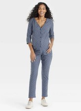 The Nines by HATCH Button-Front Maternity Utility Jumpsuit Indigo Floral Comfy