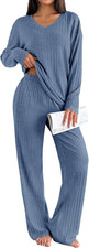 Lounge Sets for Women Long Sleeve Knit Ribbed Pajama Sets 2 Piece Casual Loungew