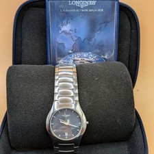 Rare Longines Opposition grey dial quartz watch. Travel case/booklet. L3.617.4