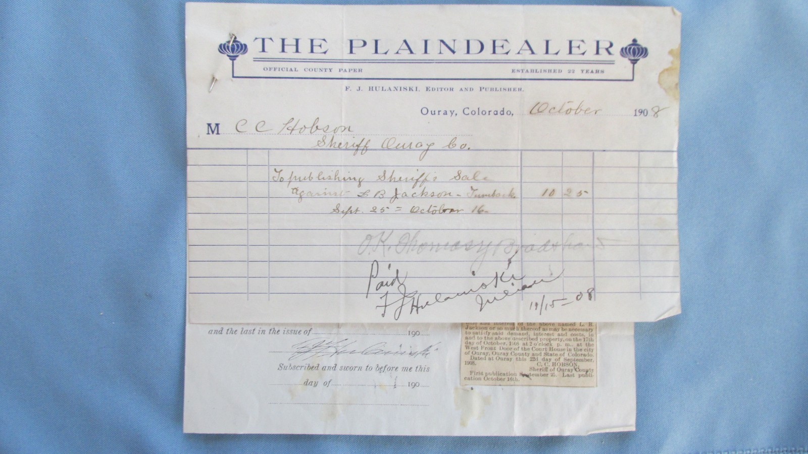 1908 Ouray Colorado Plaindealer Sheriff Sale Notice-Attached Mining Lode Claims