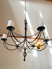 Wrought Iron 6 Candle Chandelier + Chain. Black. X Large. Hand Crafted Vintage. 