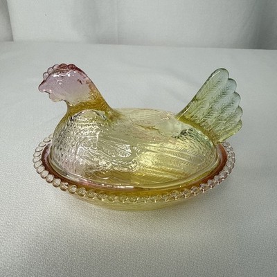 New Production Indiana Style 4 1/2'' Hen On Nest Glass Chicken Dish Multicolor