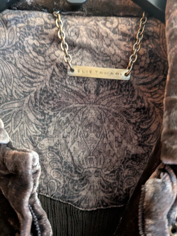Camisa/Chaqueta Elie Tahari Marrón Terciopelo Aplastado Talla Mediana Bronce Botones Boho Foto 4 de 4