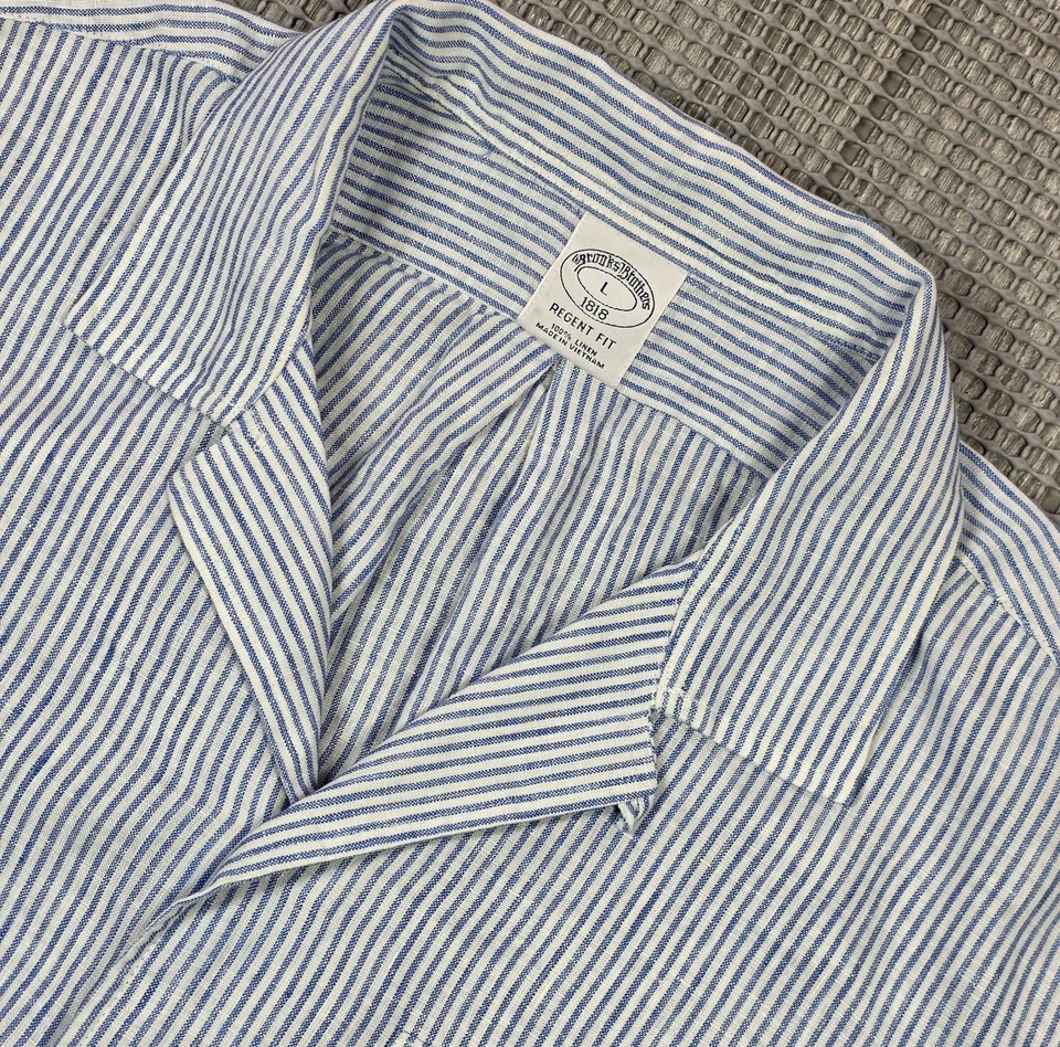 Brooks Brothers Irish Linen Regent Camp Collar Shirt Blue White Hickory Stripe L - Image 4 of 4