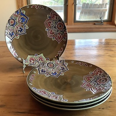 4 Pier 1 Imports Global Medallion Brown Reactive Stoneware 11  Dinner Plates