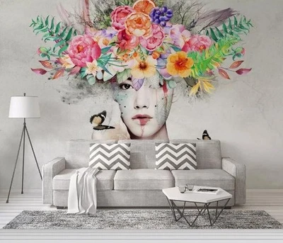 3D Woman Flower Floral Watercolor Wall Murals Wallpaper Murals Wall Sticker - Image 1 of 4