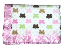 Itty Bitty Butterfly Baby Blanket Pink Brown Green Minky Dot Satin Trim 30x40"