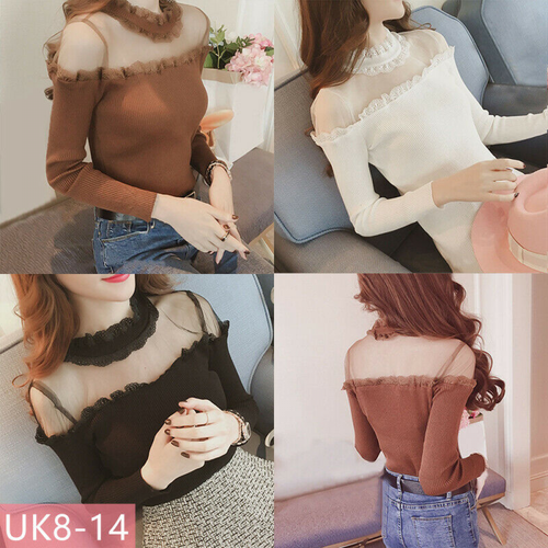 Women Lace Sexy Knit Blouse Off Shoulder Shirt Long Sleeve Slim Fit Stretch Tops