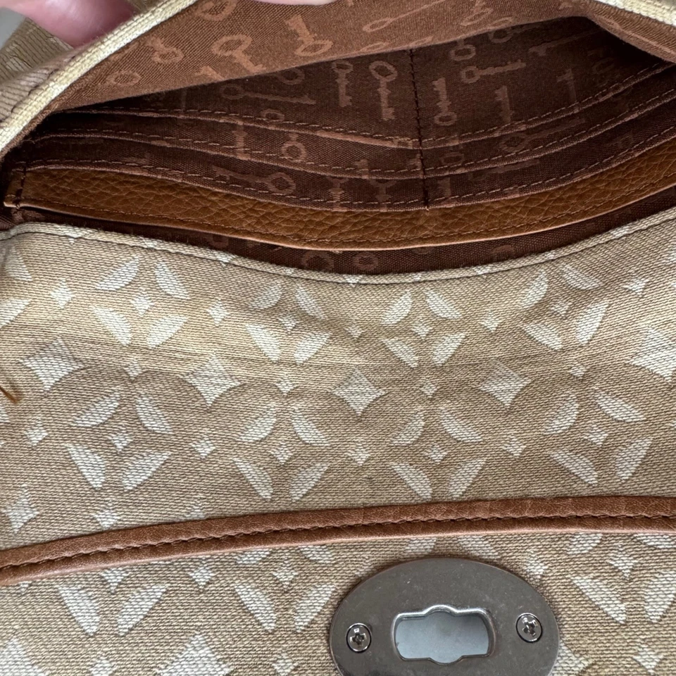 Vintage Fossil Clutch Geldbörse hellbraun Signatur beschichtetes Canvas Drehverschluss - Bild 3 von 4