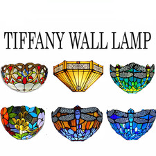 Antique Tiffany style Wall Sconce Light 10in Shade Handcrafted Art Stained Glass