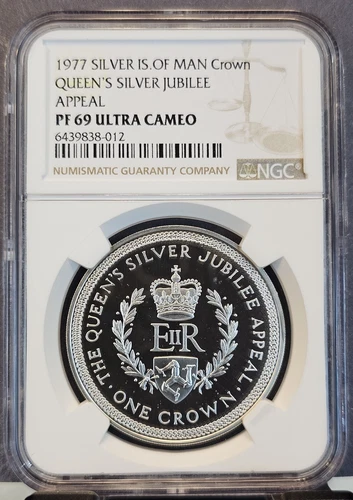 1977 ISLE OF MAN SILVER 1 CROWN QUEENS SILVER JUBILEE NGC PF 69 ULTRA CAMEO TOP