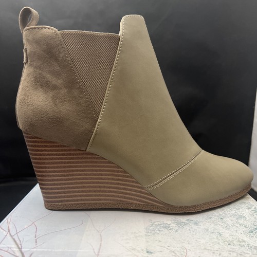 Womens Wedge Ankle Boots Heeled Slip on Booties Elastic Round Toe Beige 9.5 - Picture 1 of 7