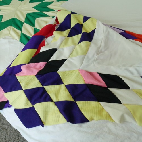 Vintage Polyester Patchwork Quilt Top 99" x 100" Stars Colorful 70s Farmhouse - Picture 10 of 13