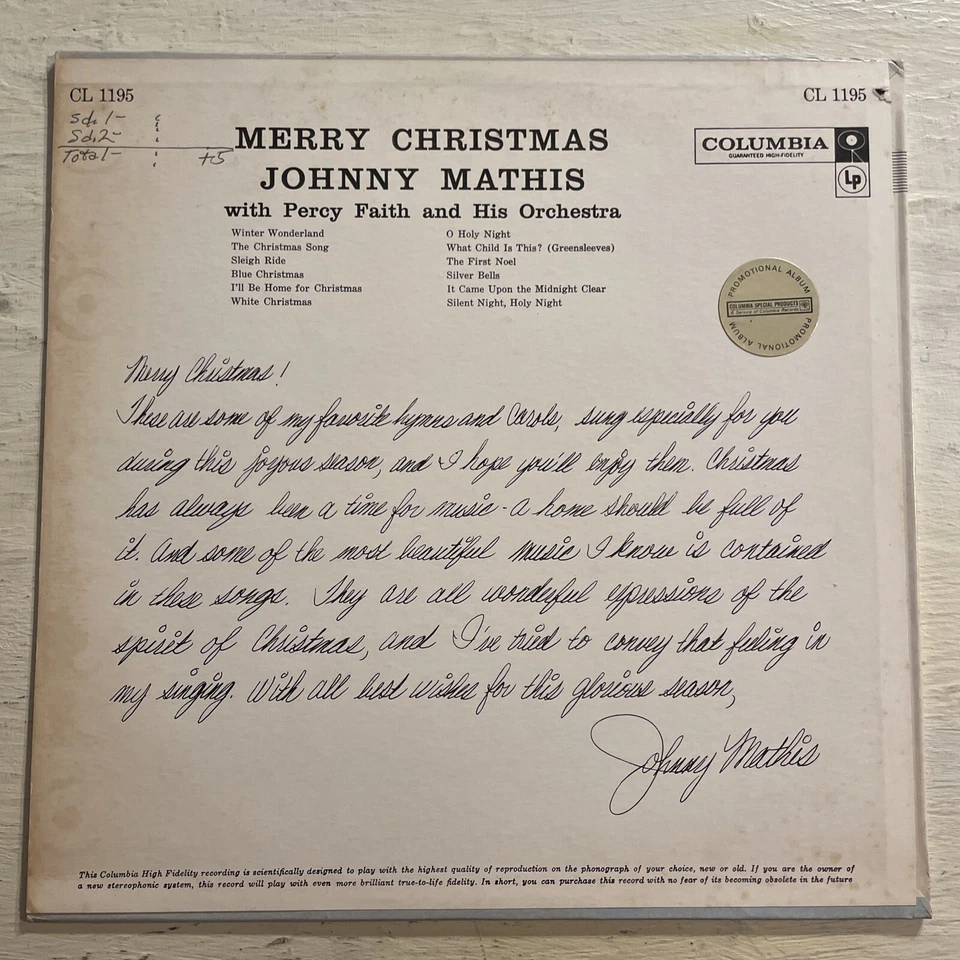 Johnny Mathis Merry Christmas LP Columbia 60s 2 Eye Mono PROMO Copy Holiday VG!! - Image 4 of 4