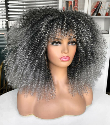 16inch Afro Kinky Curly Wig with Bangs for Black Women No Glue Full and Fluffy