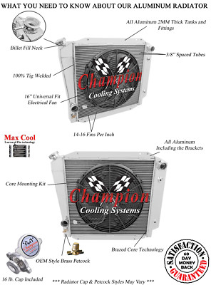 KR 2 Row 1'' Tubes Radiator,16'' Fan for 1966-1977 Ford Bronco Ford V8 Conversion