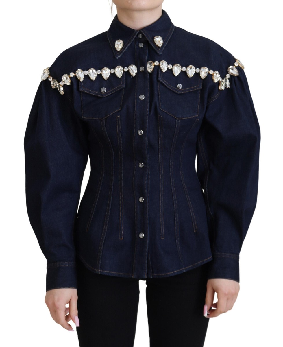 DOLCE & GABBANA Jacket Cotton Blue Denim Crystal Embellish IT46