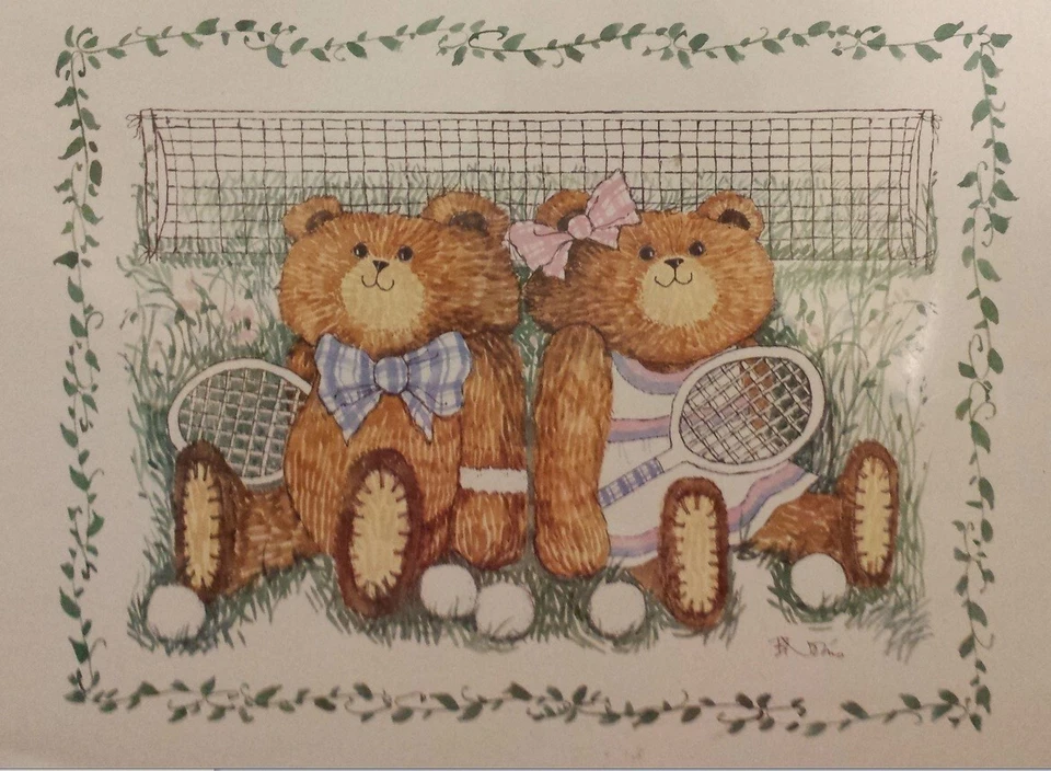 Vtg Teddy Bear Art Print 10 x 8 Love Match Tennis Theme 1996 B Norris Sealed - Image 2 of 4