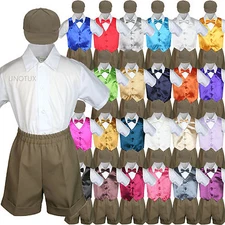 Boy Toddler Formal Vest Suit Satin Vest Bow Tie Dark Taupe Shorts  Hat 5PC Set