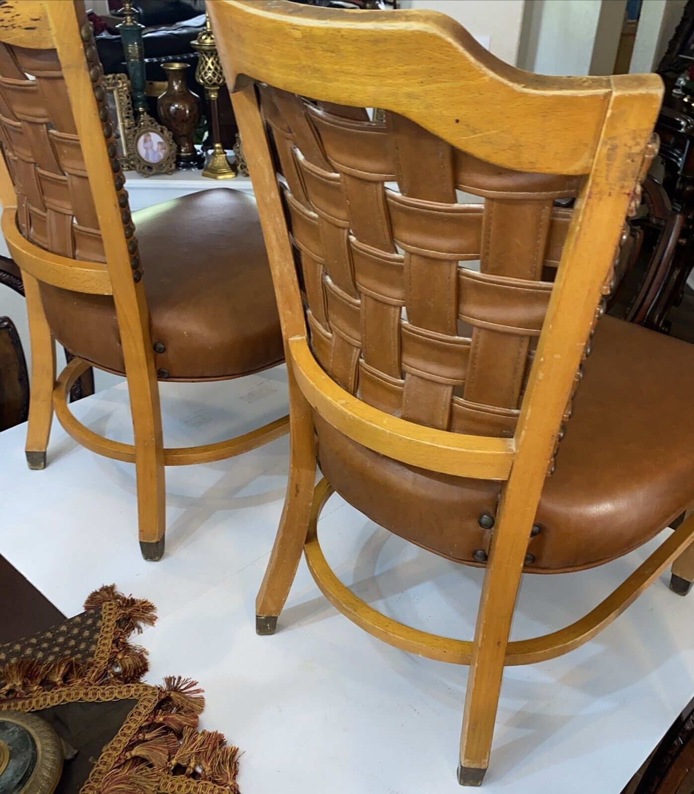 Vintage 2 Luby‘s Shelby Williams Chairs With Cushion Seats & Woven Leather Back