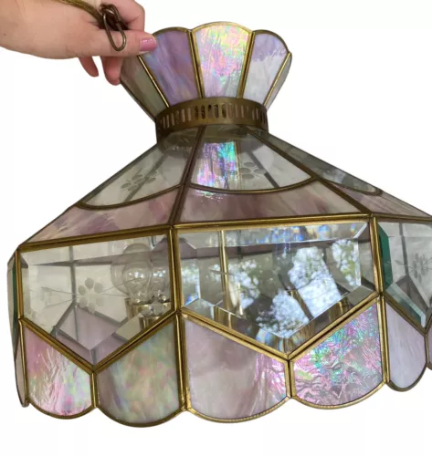 Vintage Pink Iridescent Tiffany Style Stained Glass Pendant 5 Light Chandelier
