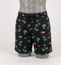 No Boundaries Swim Trunks Mens Large L 36-38 Elastic Waist 6  Inseam Novelty UFO
