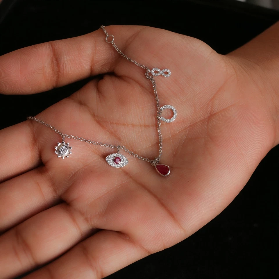 925 Silver Ruby Charm Bracelet with Evil Eye, Moon, Gemstone Charms Gifts Her. - Image 3 of 4