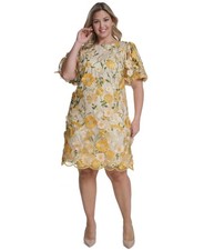 Eliza J Plus Size Dress 14W Yellow Floral Embroidered Puff Sleeve NWOT $238