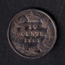 Canada 1901 10c Ten Cent Silver Coin Queen Victoria F Fine .925 Silver