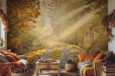 Autumn Forest Road decor Wallpaper for dining room kitchen and bedroom 315x232cm - Image 1 of 4